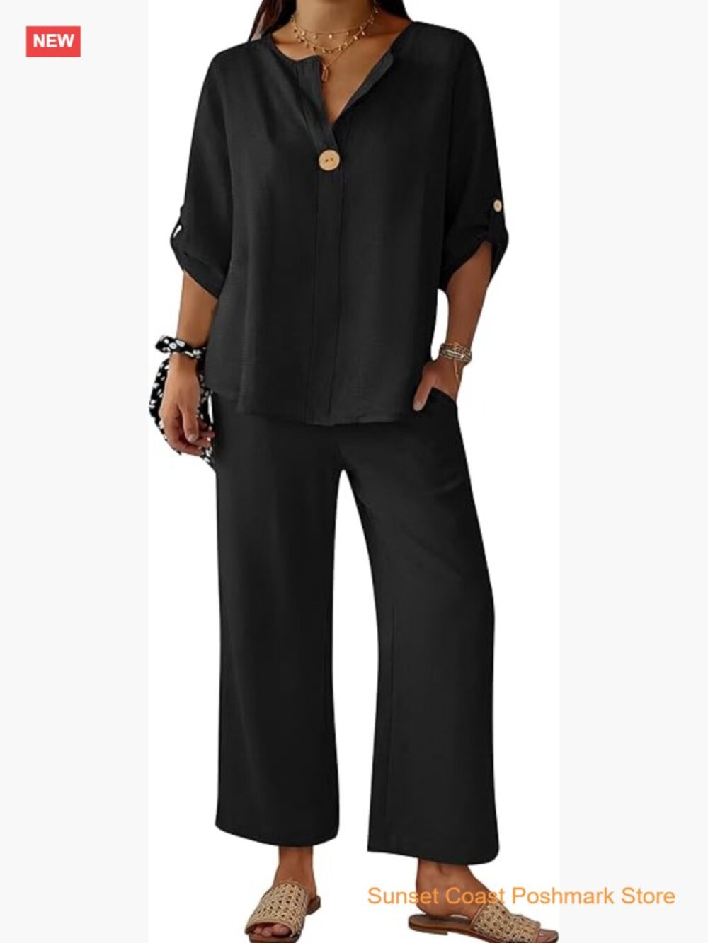 Womens Summer 2 Piece Lounge Sets 3/4 Sleeve V Neck Top Wide Leg Palazzo Pants